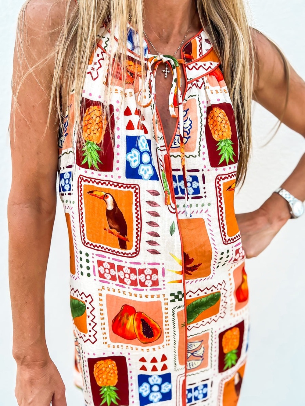 Ciebon Kyndra Grid Print Halter Dress Large Tropical Print Pineapple Toucans - Picture 6 of 14